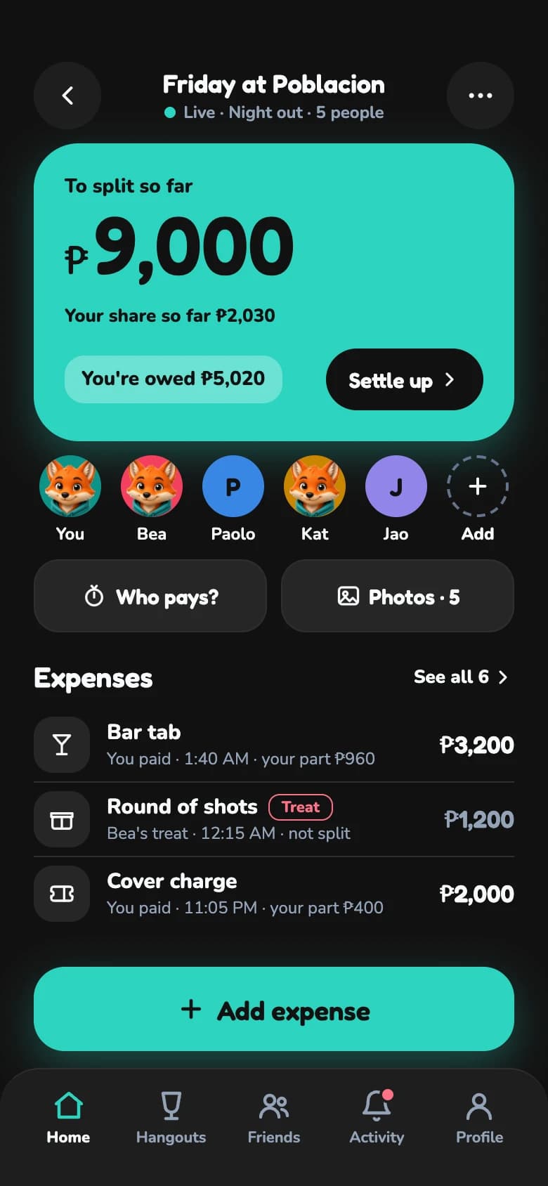 A live hangout called Friday at Poblacion: ₱9,000 to split so far, five people and a list of expenses.