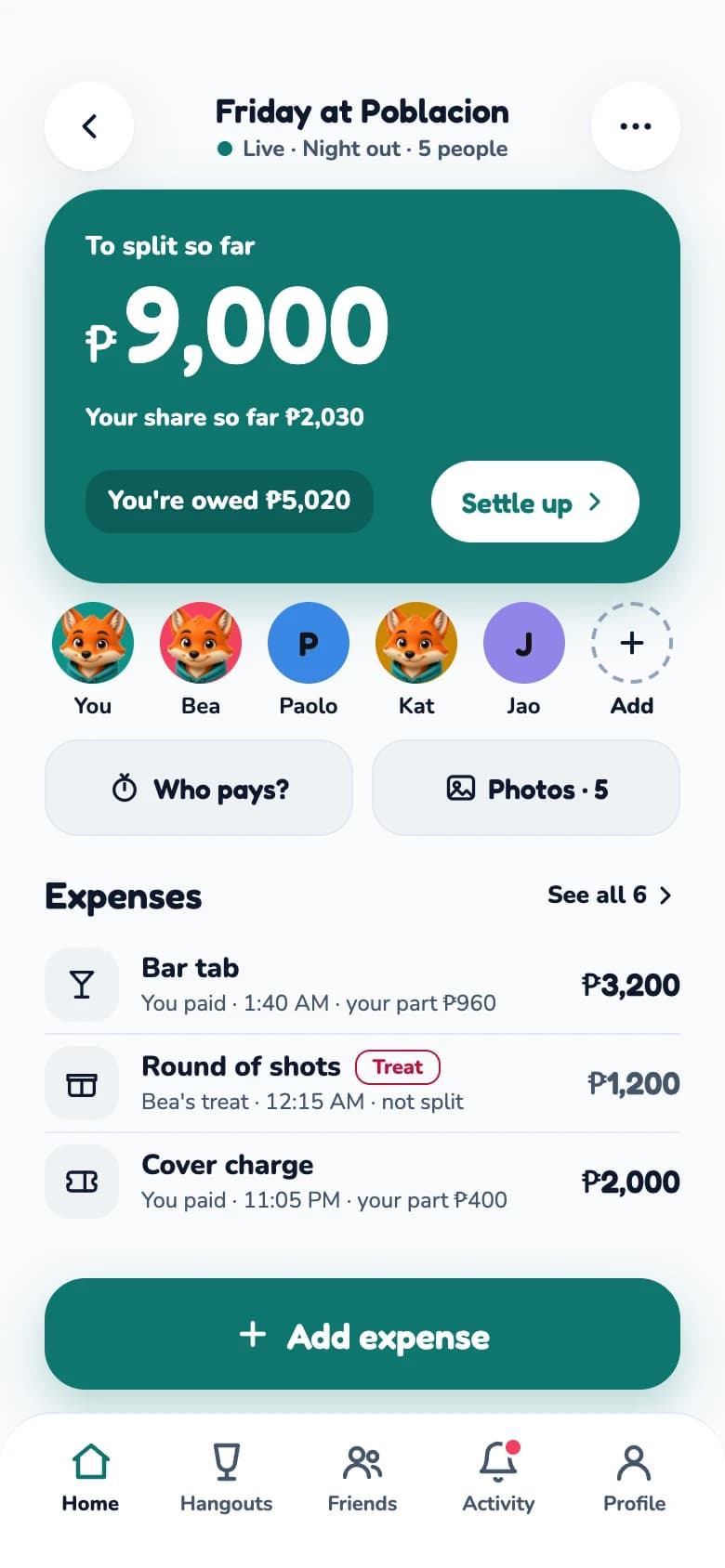 A live hangout called Friday at Poblacion: ₱9,000 to split so far, five people and a list of expenses.
