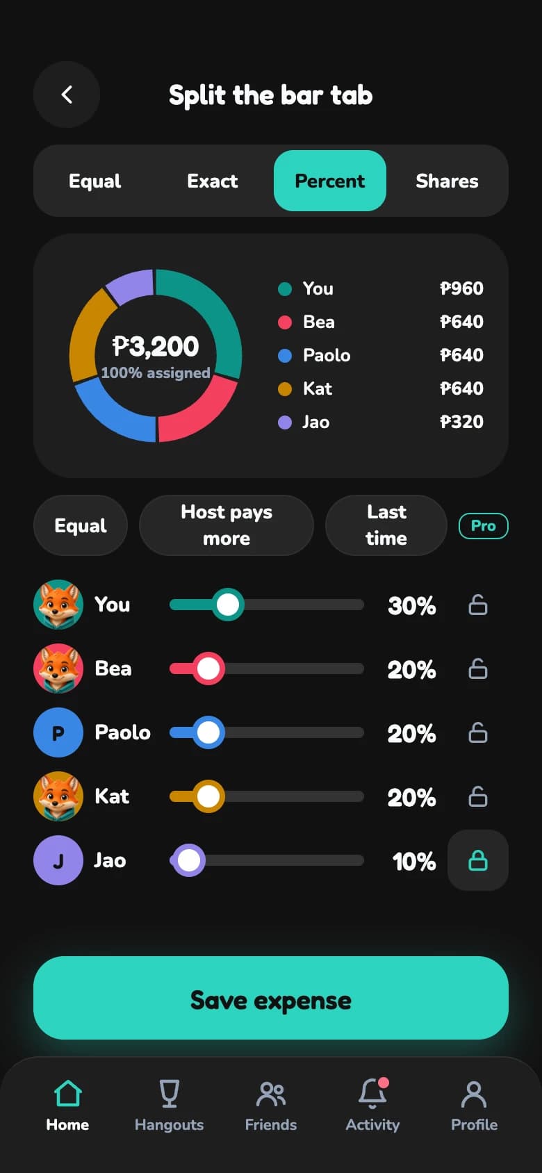 Splitting a ₱3,200 bar tab by percent across five people, with a ring chart and a slider for each person.