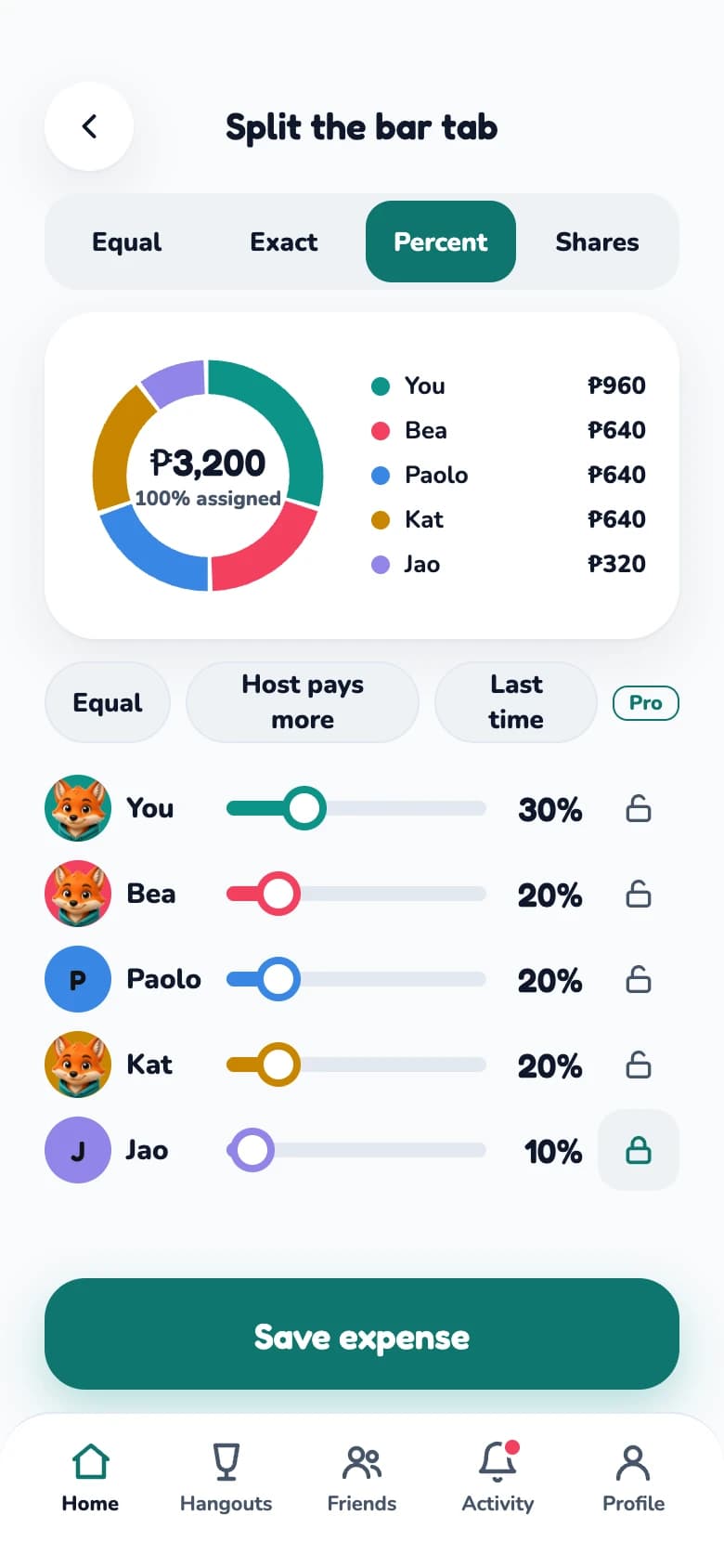 Splitting a ₱3,200 bar tab by percent across five people, with a ring chart and a slider for each person.