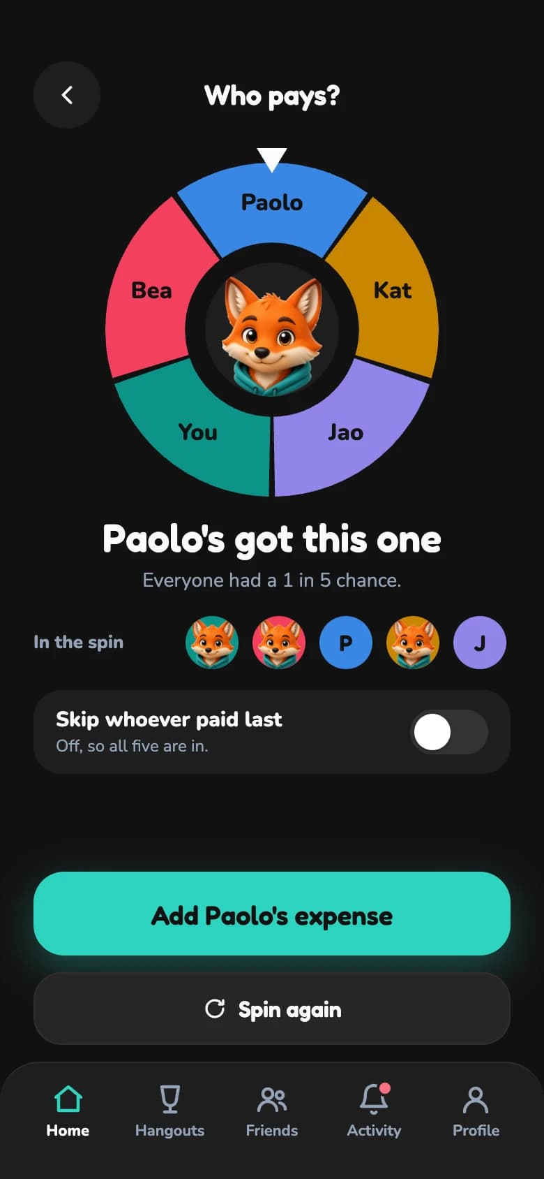 A spin wheel with five names that has landed on Paolo.