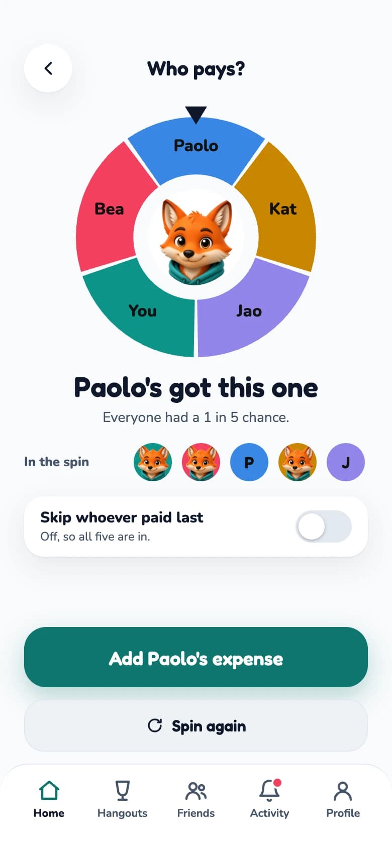 A spin wheel with five names that has landed on Paolo.