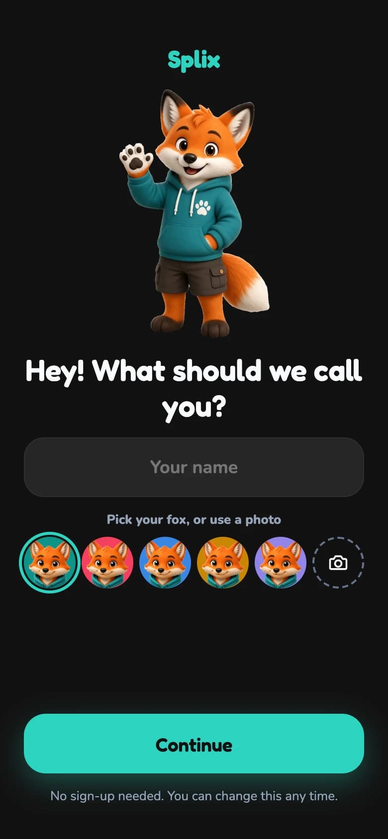 Splix first-open screen: a waving fox, a name field and a row of fox avatars to pick from.