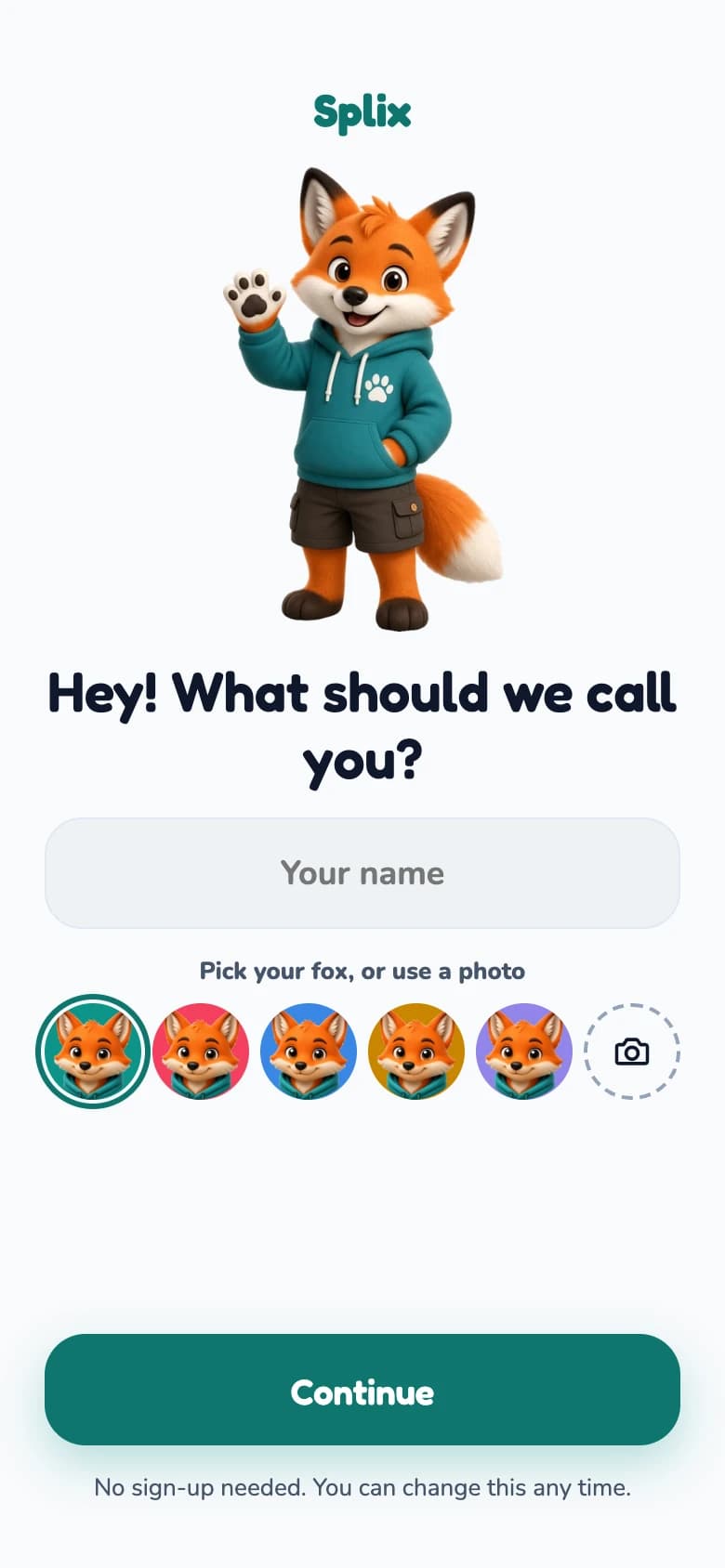 Splix first-open screen: a waving fox, a name field and a row of fox avatars to pick from.